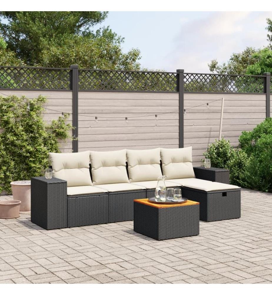 Salon de jardin 6 pcs avec coussins noir résine tressée