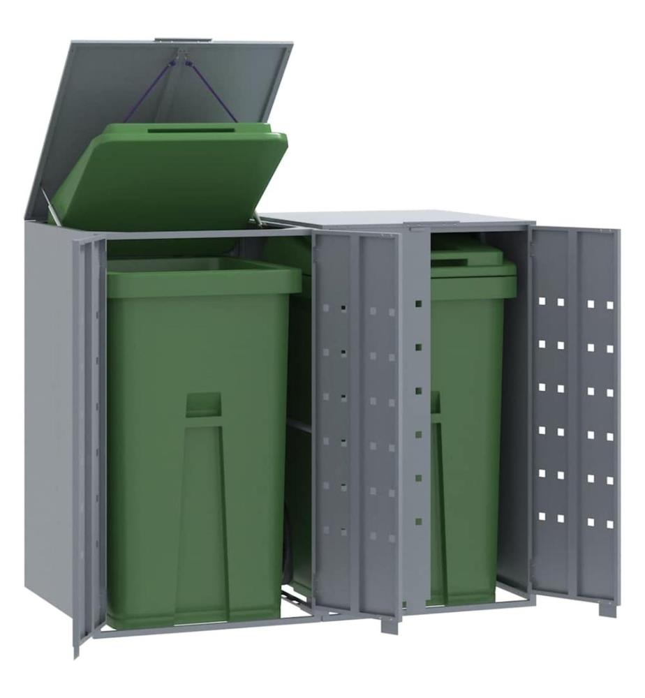 Rangement à roulettes pour poubelles pour 2 bacs gris acier