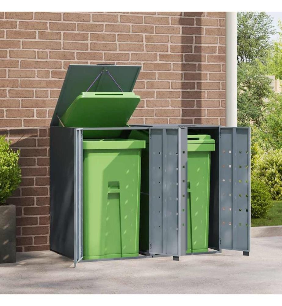 Rangement à roulettes pour poubelles pour 2 bacs gris acier