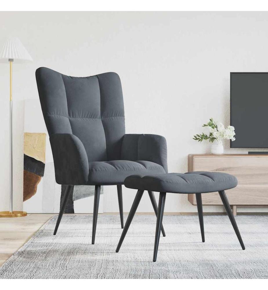 Chaise de relaxation avec tabouret Gris foncé Velours