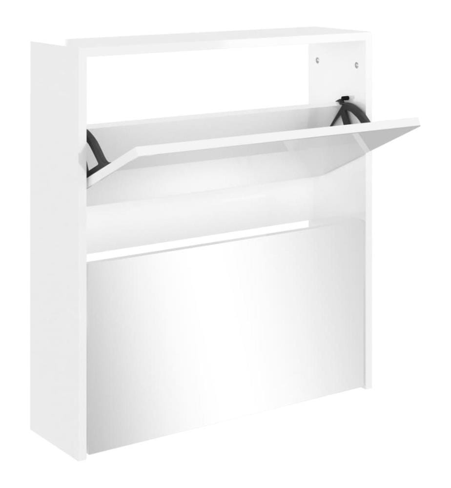 Schuhschrank mit Spiegel 2 Fächer Hochglanz-Weiss 63x17x67 cm