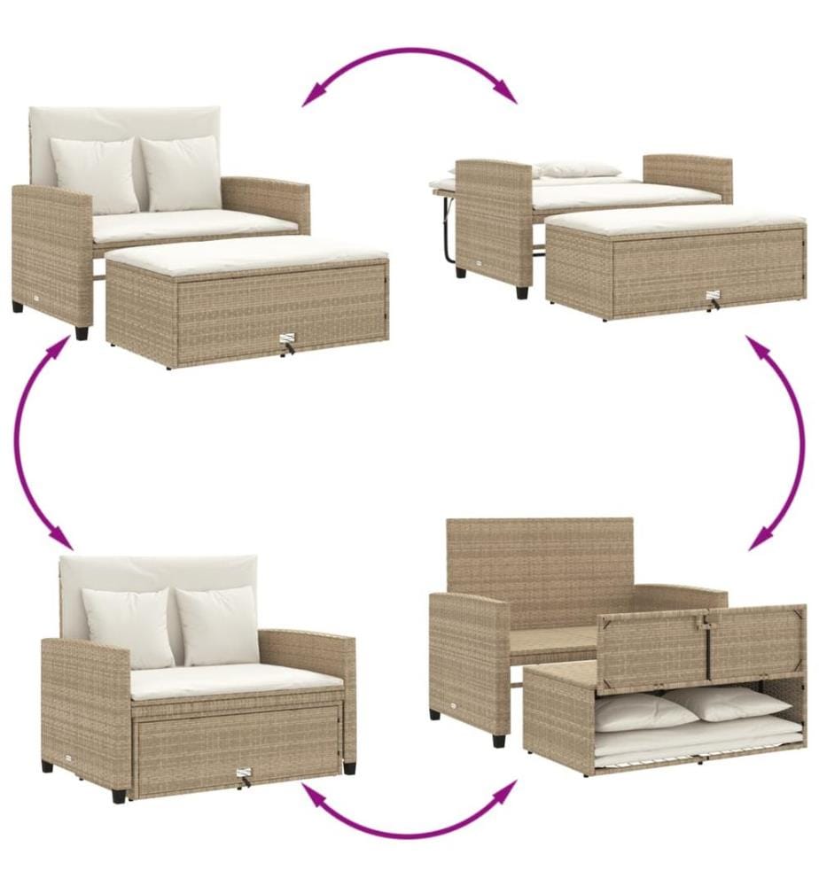 Gartensofa mit Kissen 2-Sitzer Beige Poly Rattan