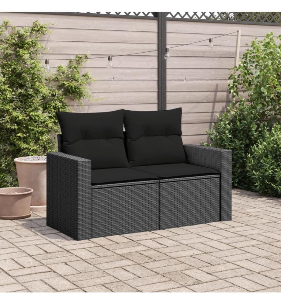 Gartensofa mit Kissen 2-Sitzer Schwarz Poly Rattan