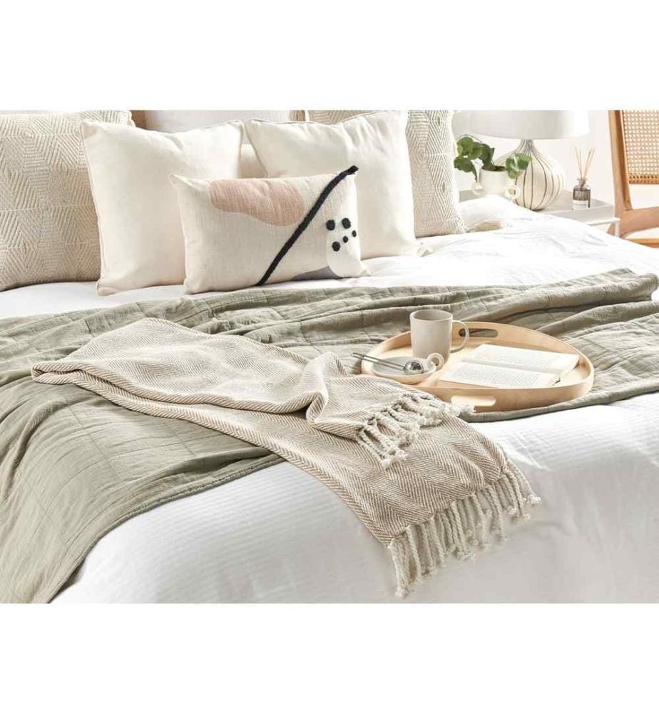 Plaid en Coton Tissé Beige et Blanc 130 x 160 cm Couverture Douce et Confortable pour Intérieur Boho ou Scandinave