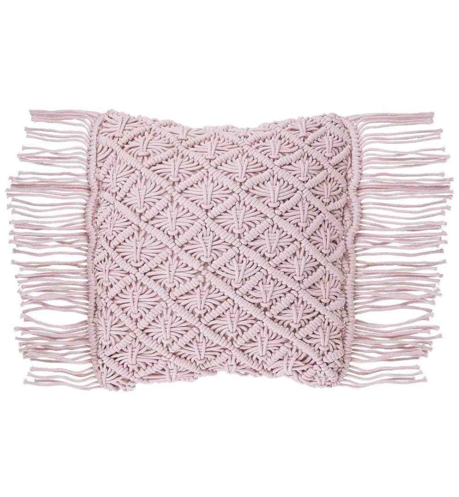 Coussin Décoratif Rose Clair 40 x 40 cm en Coton Macramé avec Franges pour Intérieurs au Style Boho, Rustiques et Scandinaves