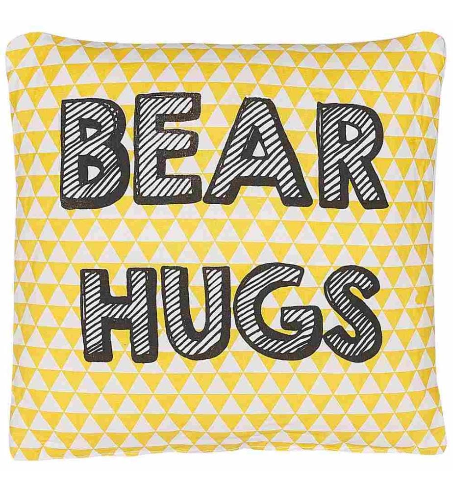 Coussin ou Oreiller Fun Jaune Avec Texte Bear Hugs pour Enfants ou Ados Parfait Pour Chambre de Style Moderne ou Scandinave