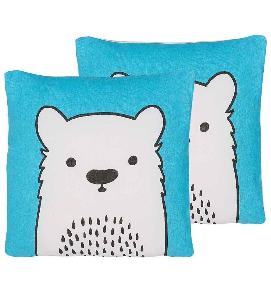 Dekokissen 2er Set Blau Baumwolle Tiermotiv Bärmotiv 45 x 45 cm Wohnzimmer Kinderzimmer
