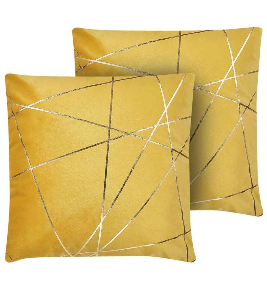 2 Coussins Déco en Velours Jaune Motif Géométrique Doré Déhoussables Idéals pour Salon ou Chambre Moderne et Glamour