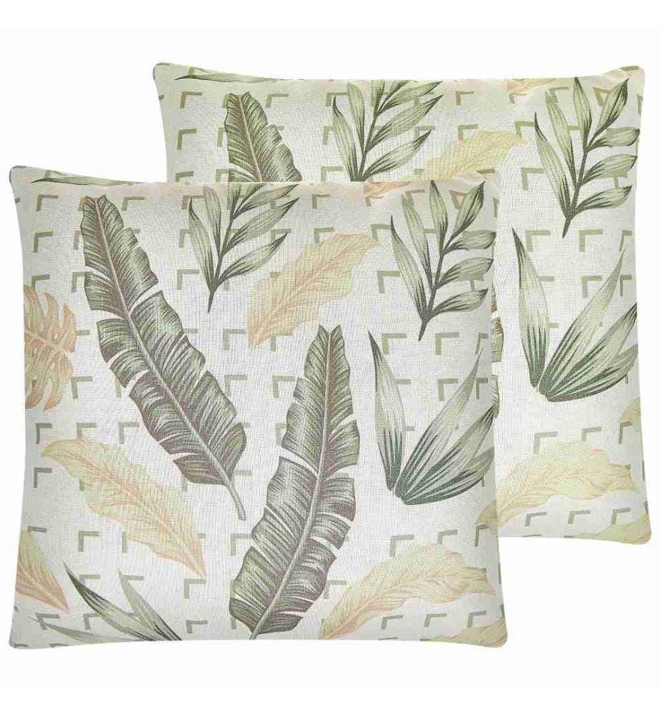 Set de 2 Coussins Style Boho à Motif Feuillage 45 x 45 cm Vert et Beige en Polyester et Coton/Lin Rhapis