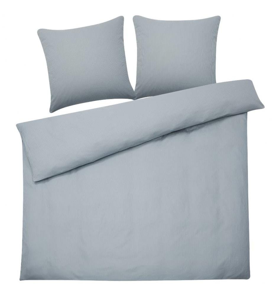 Bettwäsche Set Grau Streifen Baumwolle 3-teilig Überlänge für Doppelbett 200x220 cm 2 Kopfkissenbezüge und Deckenbezug mit Knopfverschluss