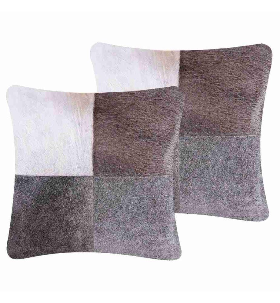Dekokissen Grau Echtleder/Baumwolle 45 x 45 cm mit Füllung Kuhfell Patchwork Design Elegante Optik für Wohnzimmer Schlafzimmer