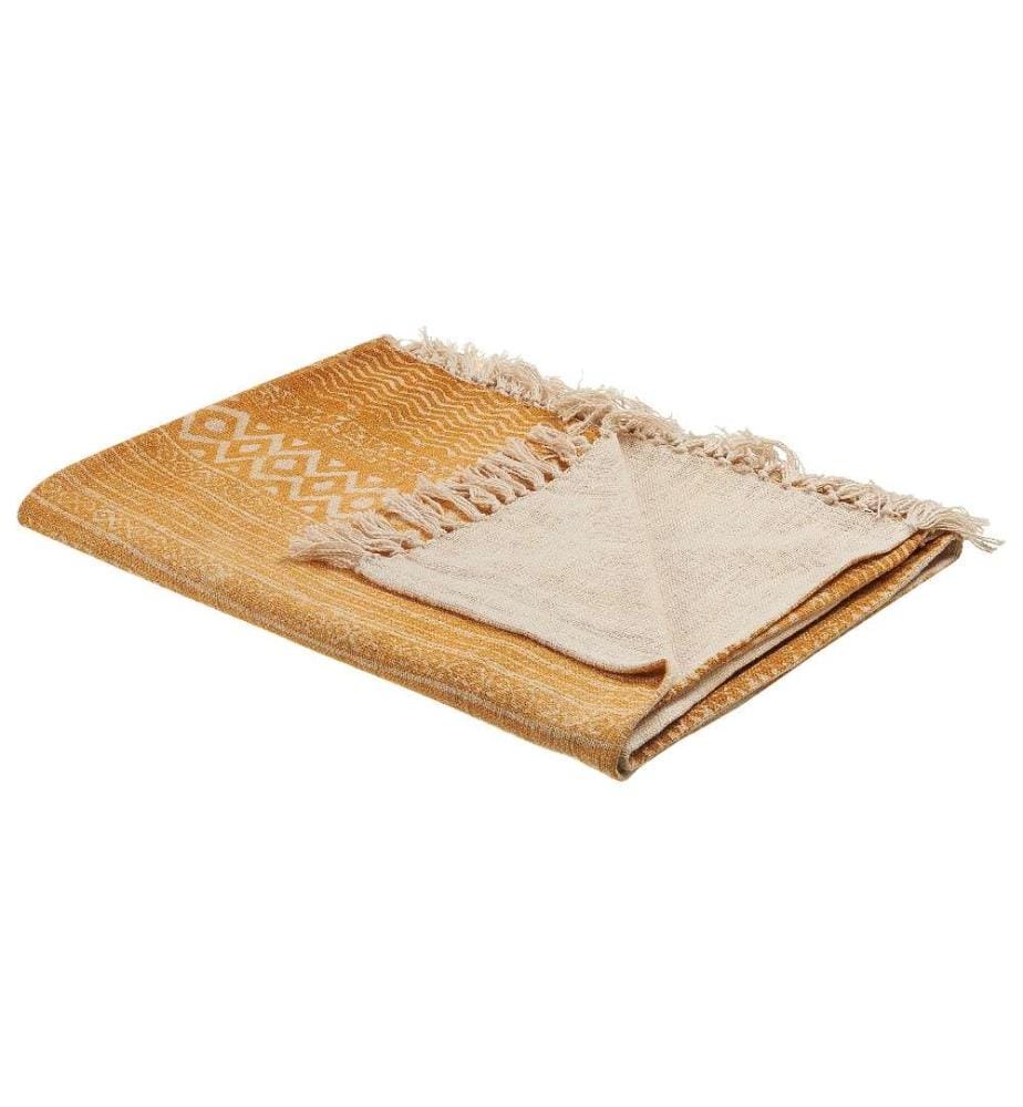 Couvre-Lit Beige / Jaune en Coton 180 x 130 cm à Double Face Deux Couleurs Très Doux Déco pour Chambre de Style Boho Rustique