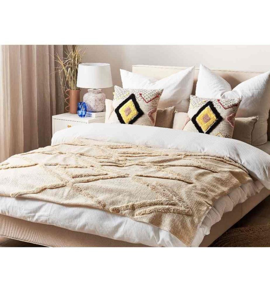 Kuscheldecke Beige Baumwolle 130 x 180 cm Handgefertigt mit Muster Orientalisch Quasten für Bett Sofa Couch Sessel Schlafzimmer Wohnzimmer Flur