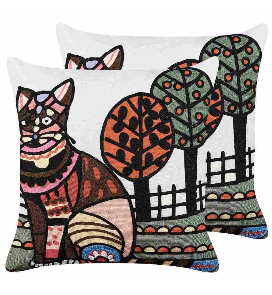 Dekokissen 2er Set Mehrfarbig Baumwolle und Wolle Stoffbezug mit Polyester-Füllung 50x50 cm Katzenmotiv Accessories Wohn- u. Schlafzimmer Flur