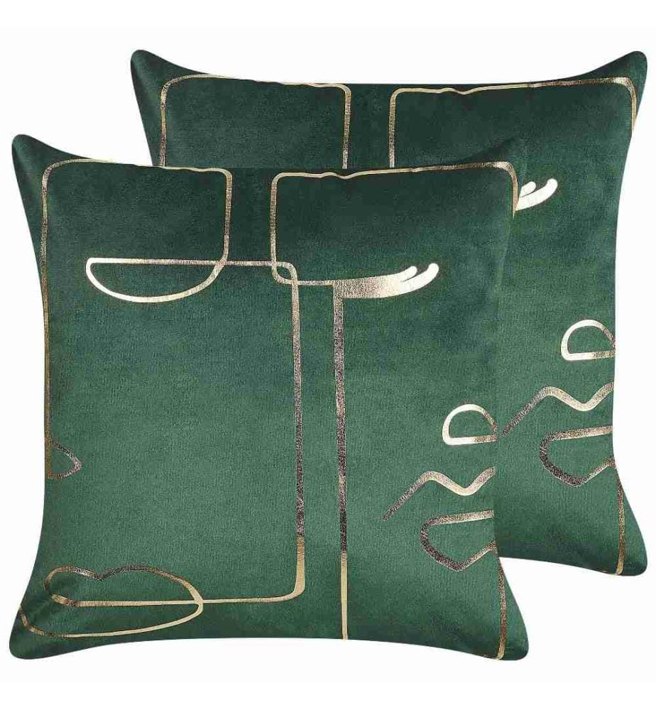 Lot de 2 Coussins Décoratifs en Velours Verts 45 x 45 cm Motif de Visage Glamour Accessoires de Décoration