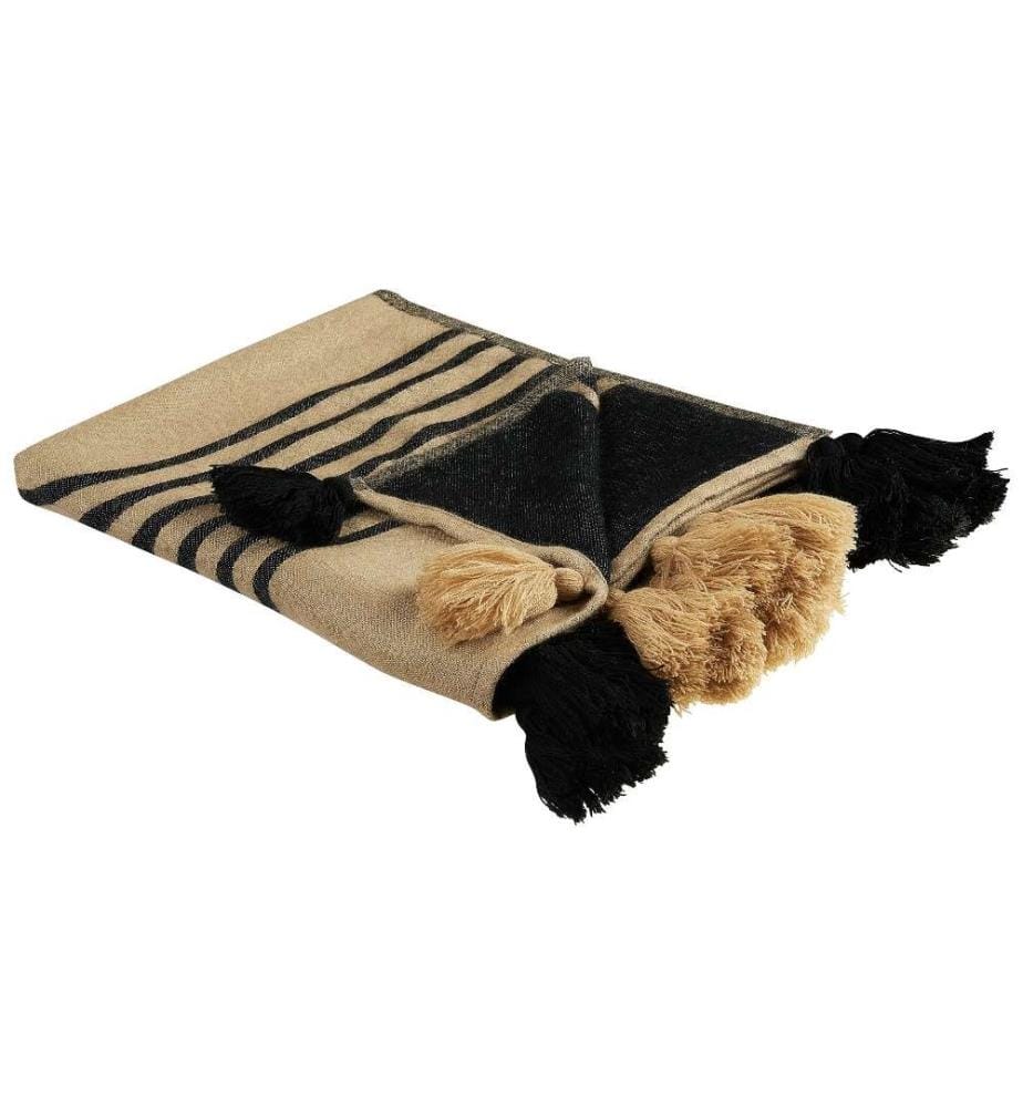 Decke mit Fransen beige / schwarz Polyester Acryl 130 x 170 cm abstraktes Muster Wohnzimmer Schlafzimmer