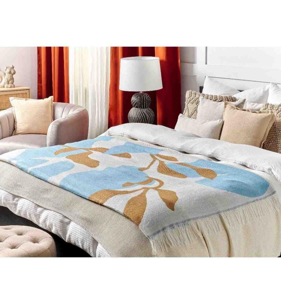 Couvre-Lit Beige et Bleu en Acrylique 130 x 170 cm à Frange Accessoire de Chambre Décoratif et Fonctionnel Jeté de Lit Boho