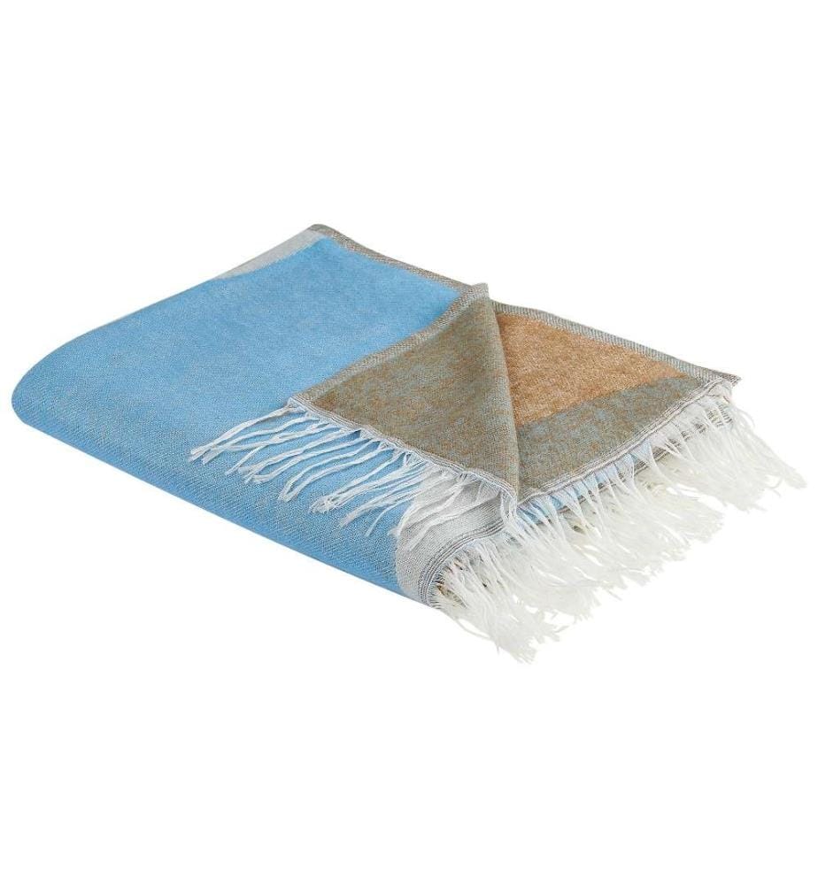 Couvre-Lit Beige et Bleu en Acrylique 130 x 170 cm à Frange Accessoire de Chambre Décoratif et Fonctionnel Jeté de Lit Boho