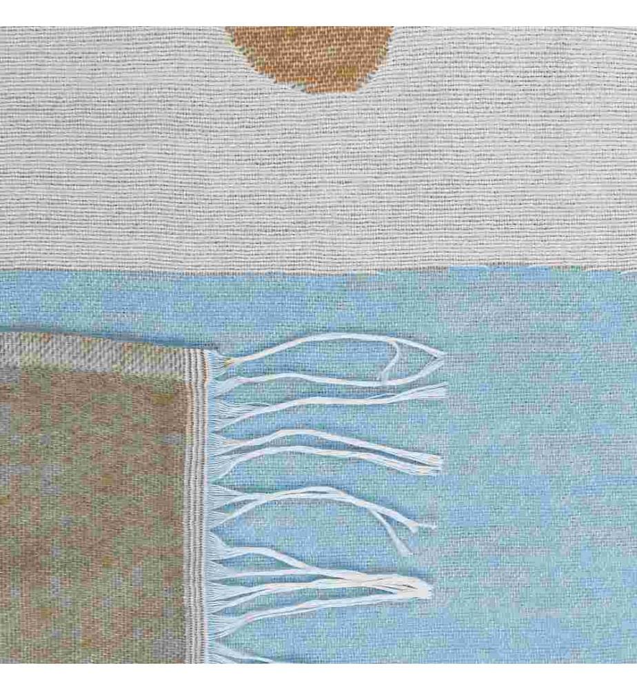 Couvre-Lit Beige et Bleu en Acrylique 130 x 170 cm à Frange Accessoire de Chambre Décoratif et Fonctionnel Jeté de Lit Boho