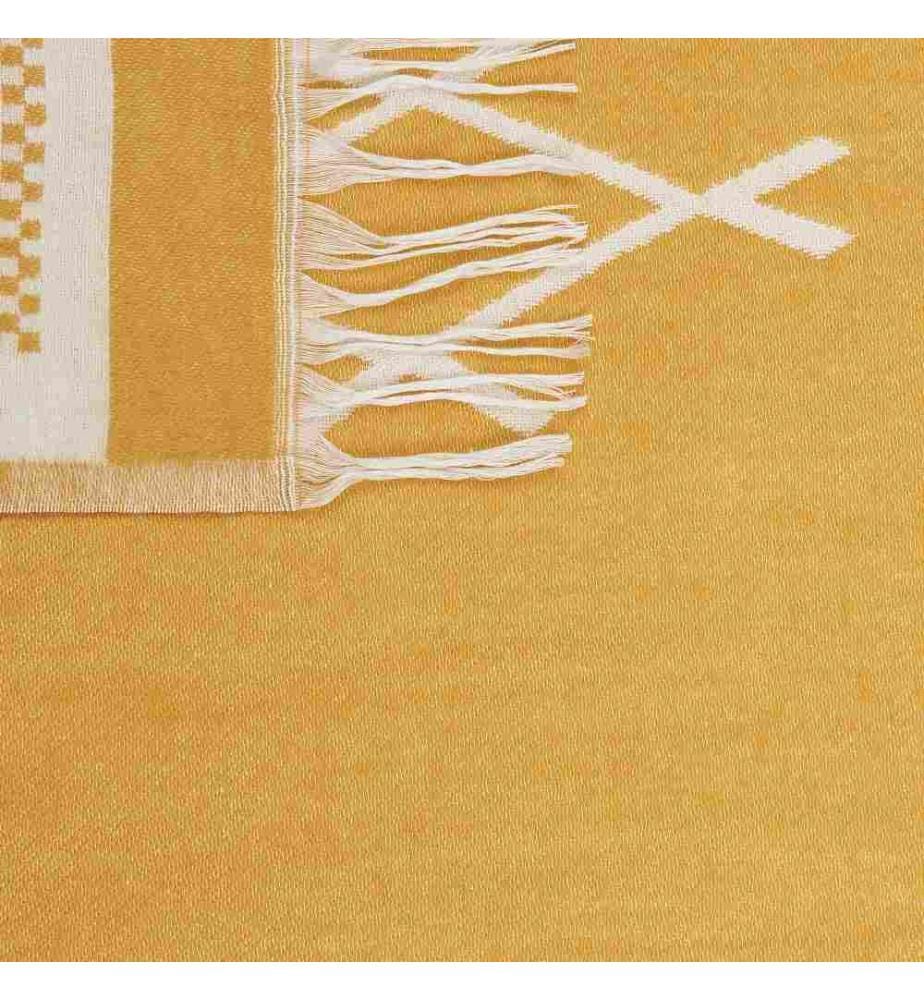 Couvre-Lit Jaune en Acrylique 130 x 170 cm à Frange et Motifs Blancs Géométriques Accessoire de Chambre Décoratif et Doux