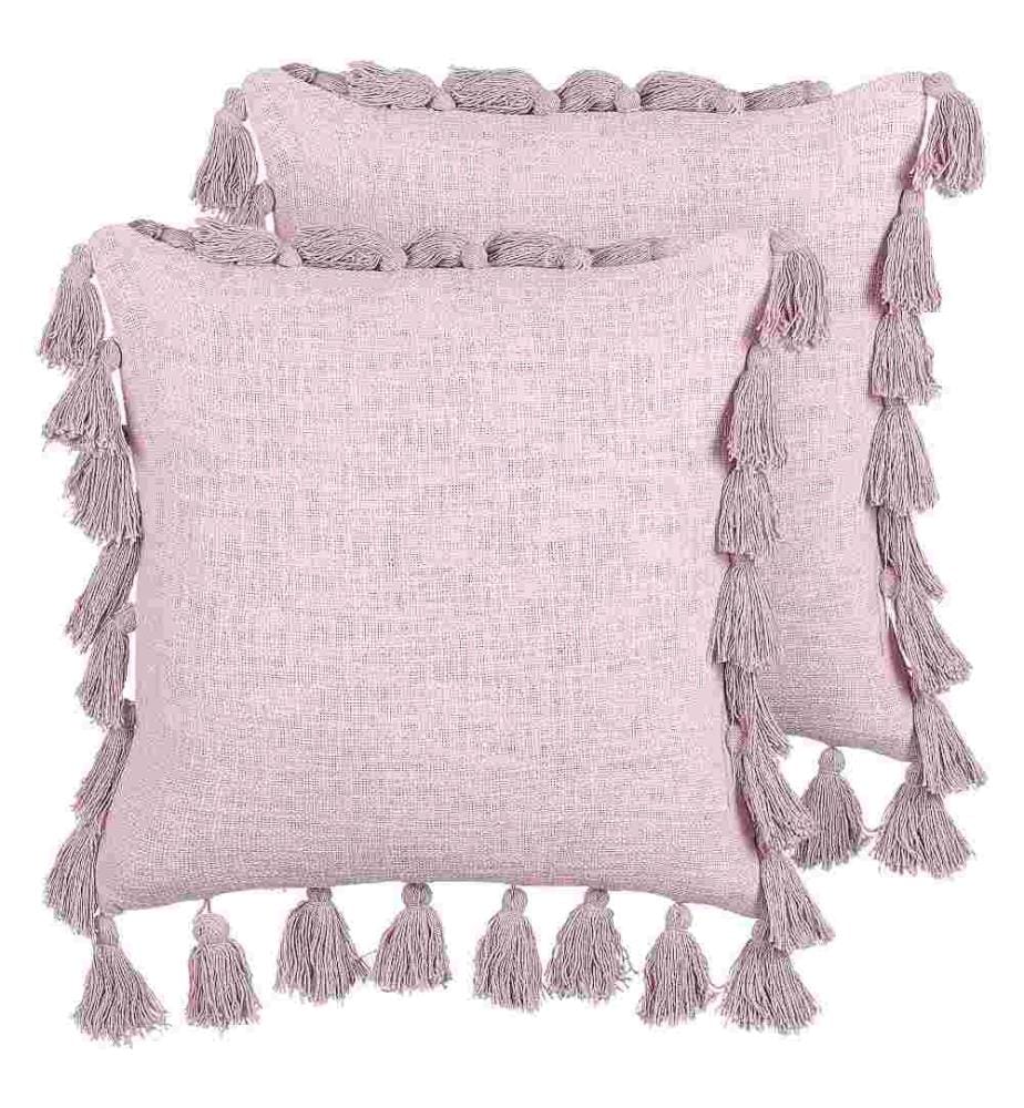 Dekokissen 2er Set Rosa Baumwolle 45 x 45 cm Bezug mit Füllung Quasten Reissverschluss Einfarbig Modern Boho Wohnzimmer Schlafzimmer Deko