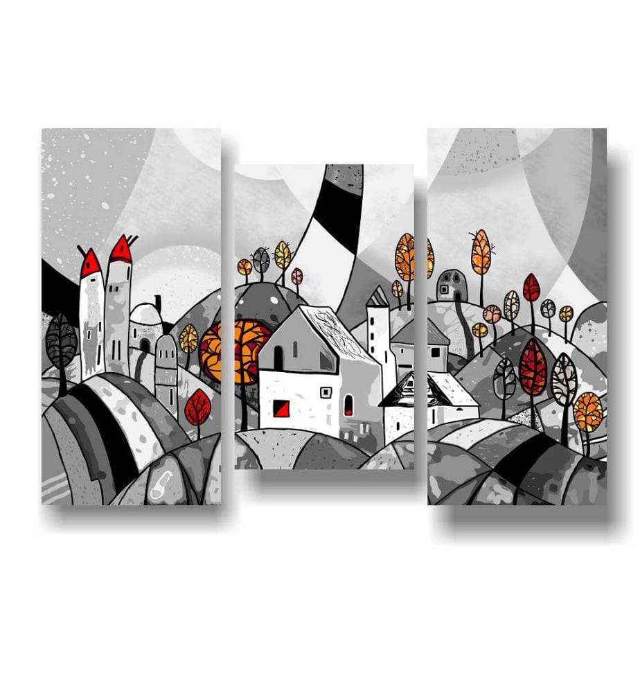 Triptyque d'estampes - 3 toiles flanquées d'un paysage
