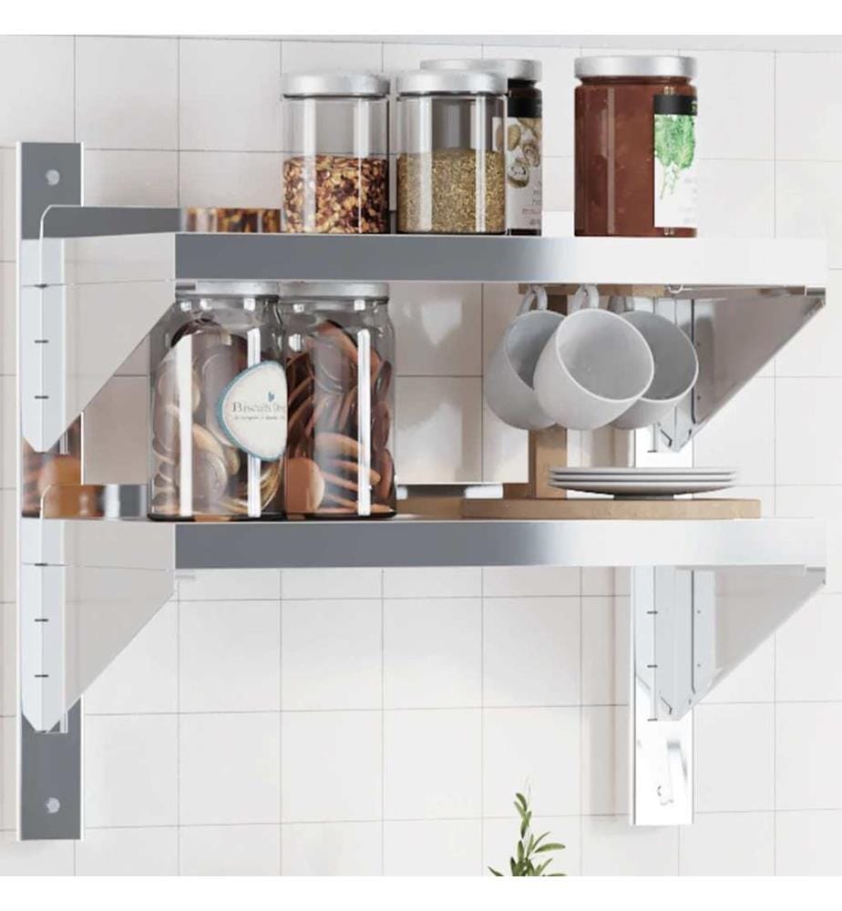 Wandregal mit 2 Böden 50x23,5x48 cm Silbern Edelstahl