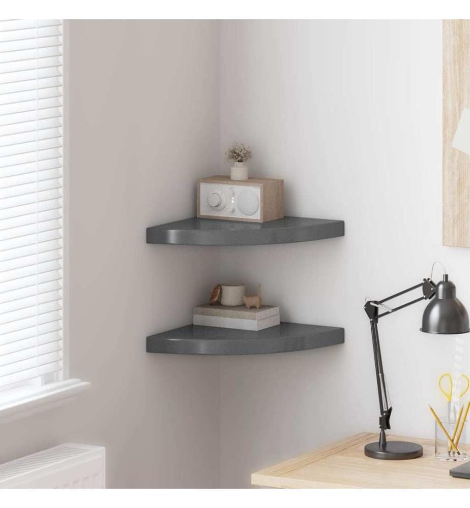 Eck-Schweberegale 2 Stk. Hochglanz-Grau 35x35x3,8 cm MDF
