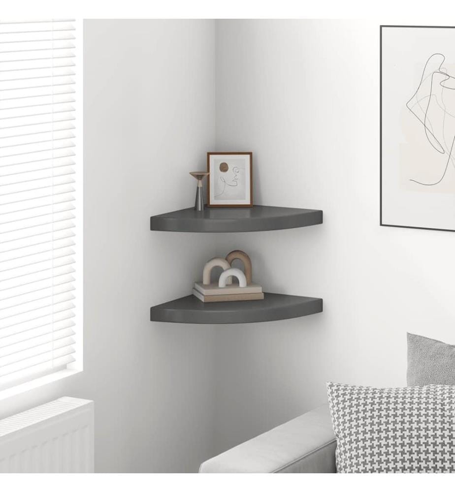 Eck-Schweberegale 2 Stk. Hochglanz-Grau 35x35x3,8 cm MDF