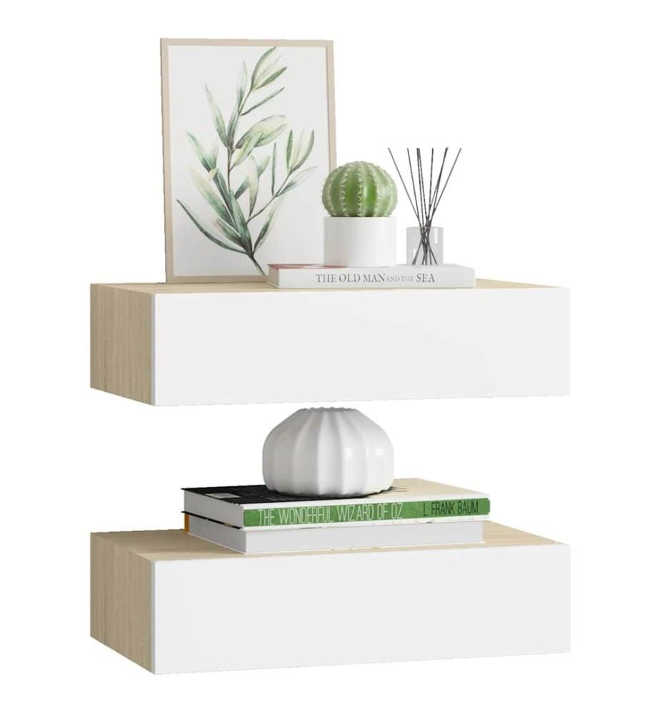 Wandregale mit Schubladen 2 Stk. Eichen-Optik Weiss 40x23,5x10cm