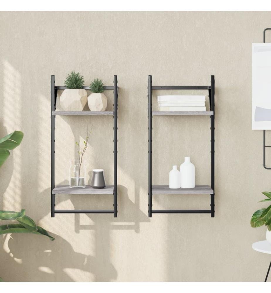 Wandregale mit 2 Ablagen & Stangen 2 Stk Grau Sonoma 30x25x65cm