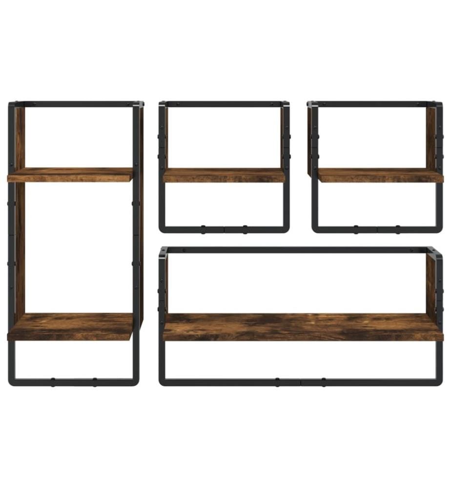 4-tlg. Wandregal-Set mit Stangen Räuchereiche Holzwerkstoff