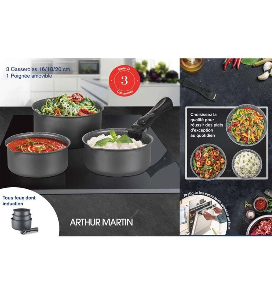 Set of 3 Casseroles 16-18-20 cm + Removable Handle