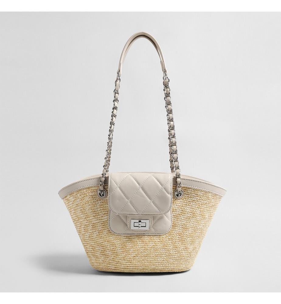 Tragetasche aus geflochtenem Stroh mit Kette - Ivory