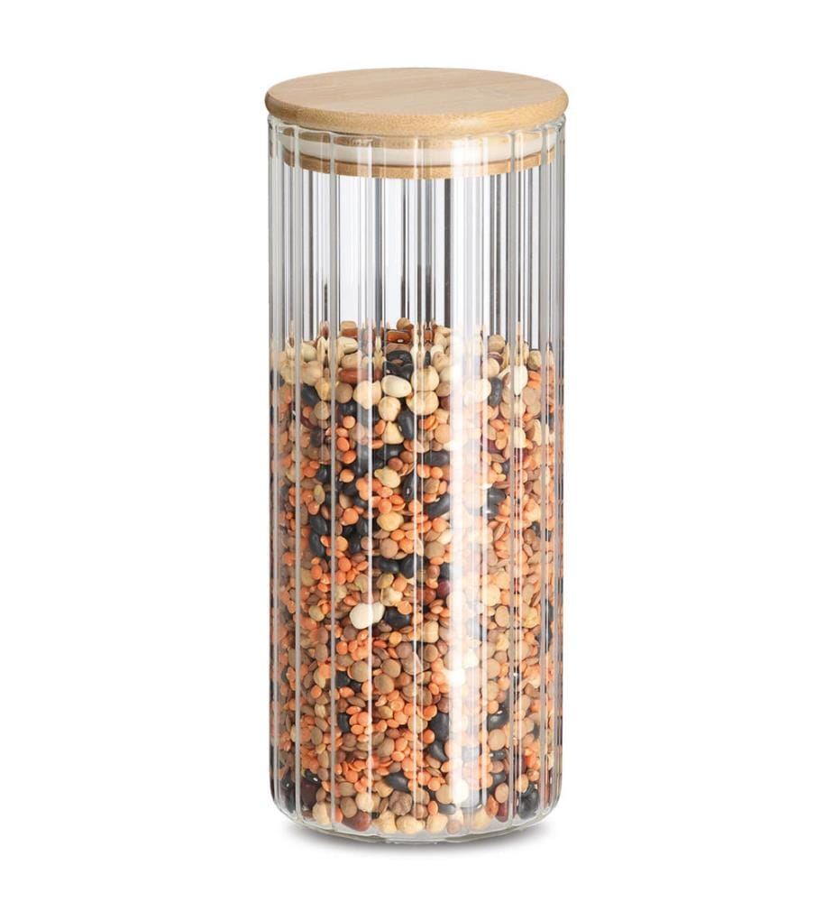 Barattolo Grooves con coperchio in bambù, 1100 ml - Trasparente e marrone