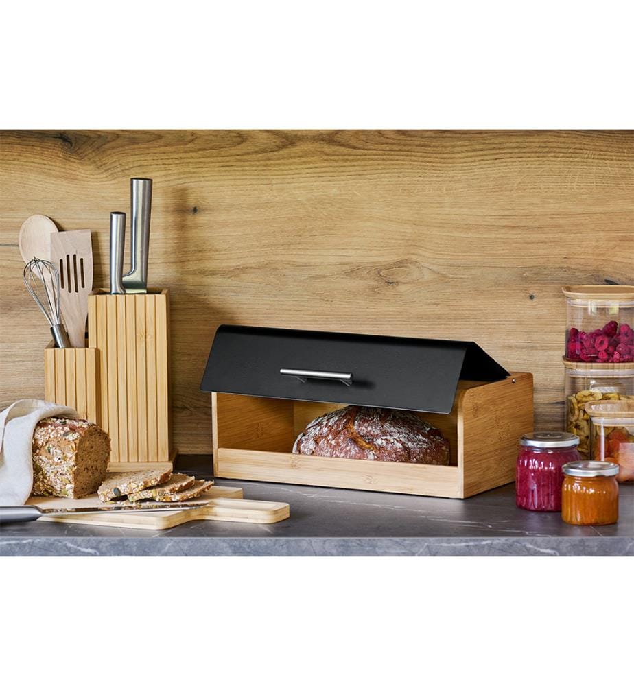 Cestino per pane, bambù/metallo/acciaio inossidabile, nero