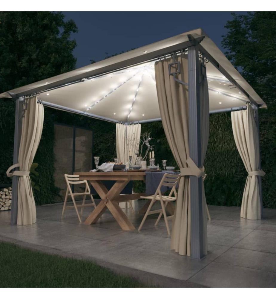 Tonnelle avec rideau et lumières LED 3x3 m Crème Aluminium