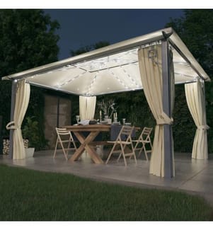 Tonnelle avec rideau et lumières LED 4x3 m Crème Aluminium