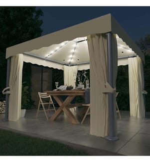 Pavillon mit Vorhängen & LED-Lichterkette 3x3 m Cremeweiss