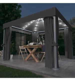 Tonnelle avec rideau et guirlande lumineuse LED 3x3m Anthracite