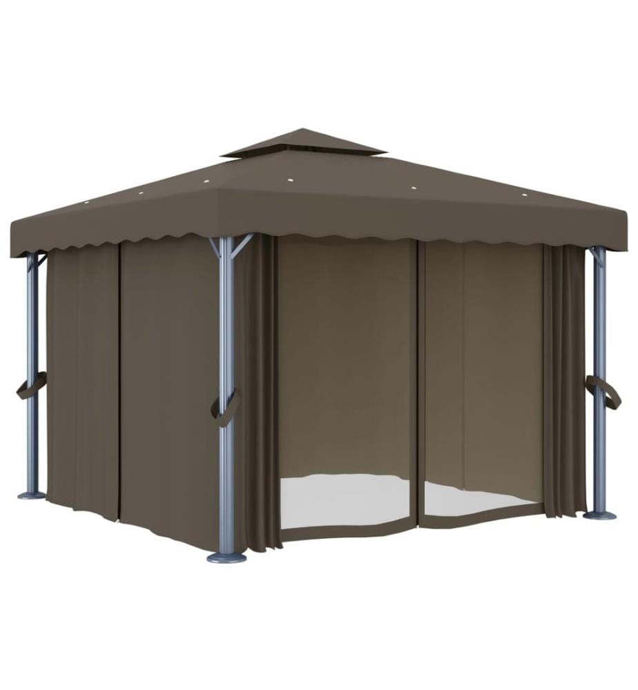 Tonnelle avec rideau et guirlande lumineuse à LED 3x3 m Taupe