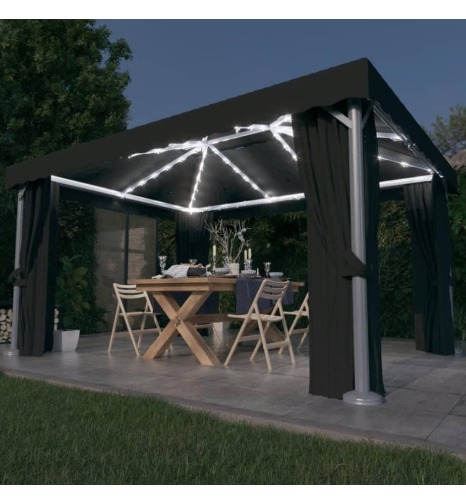 Tonnelle avec rideau et guirlande lumineuse LED 4x3m Anthracite