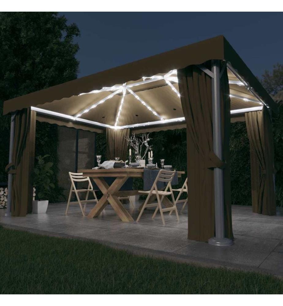 Pavillon mit Vorhängen & LED-Lichterkette 4x3 m Taupe