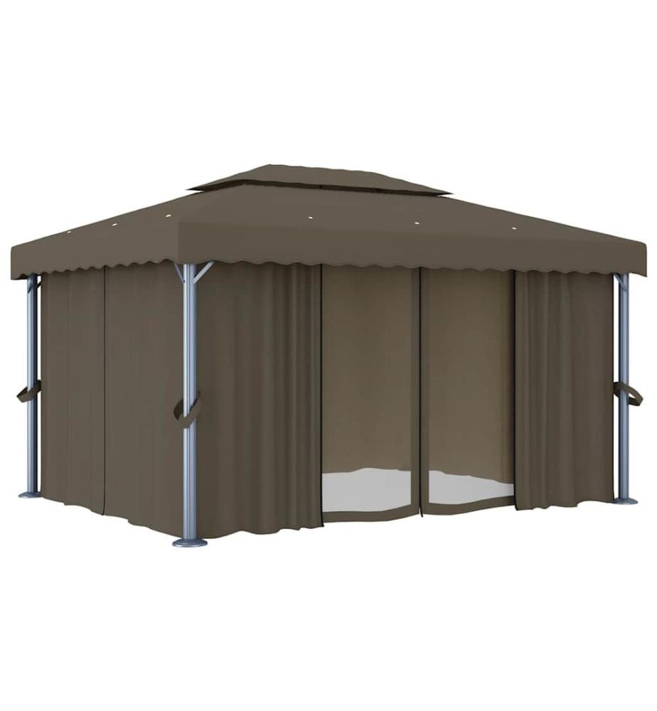 Pavillon mit Vorhängen & LED-Lichterkette 4x3 m Taupe