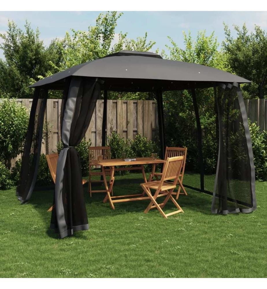 Tonnelle avec double toit et parois en filet anthracite acier