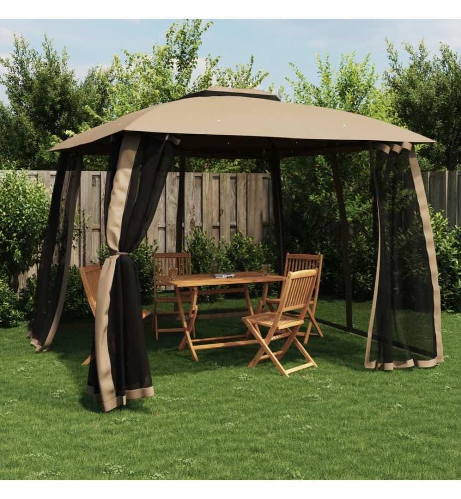 Tonnelle avec double toit et parois en filet taupe acier