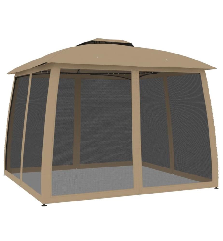 Tonnelle avec double toit et parois en filet taupe acier