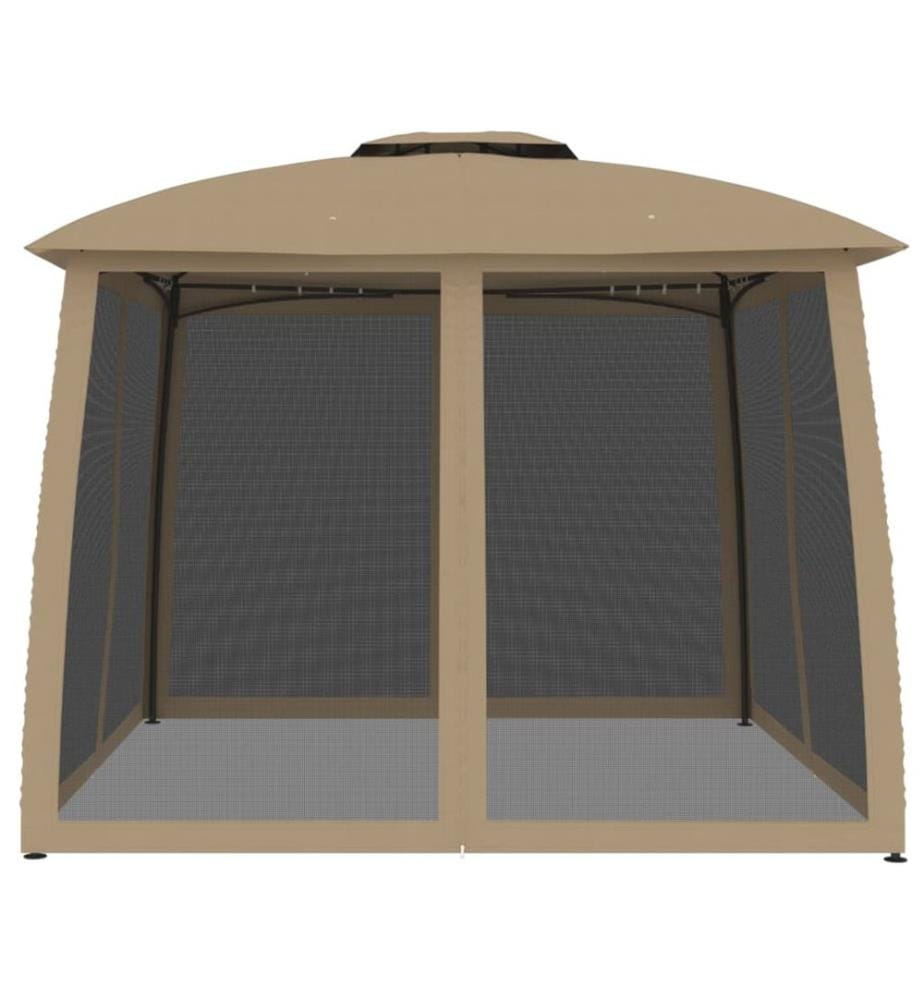 Tonnelle avec double toit et parois en filet taupe acier
