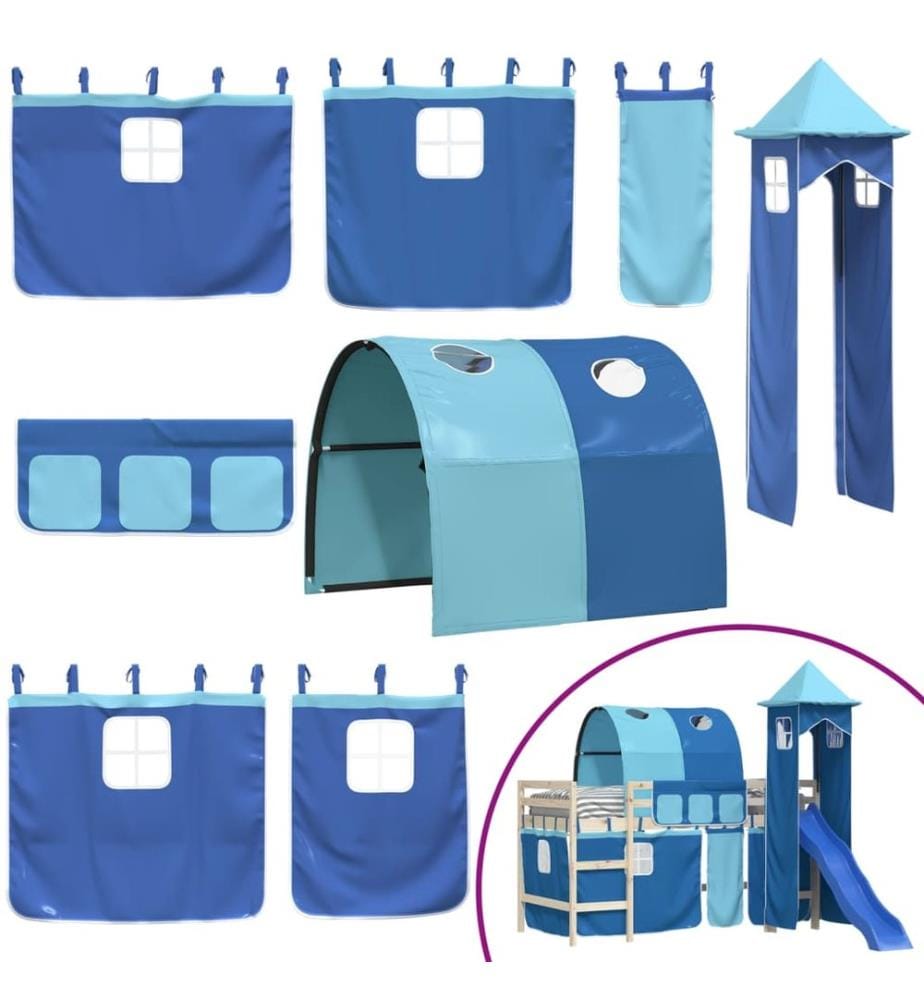 Rideaux pour lit mezzanine avec tunnel et tour bleu