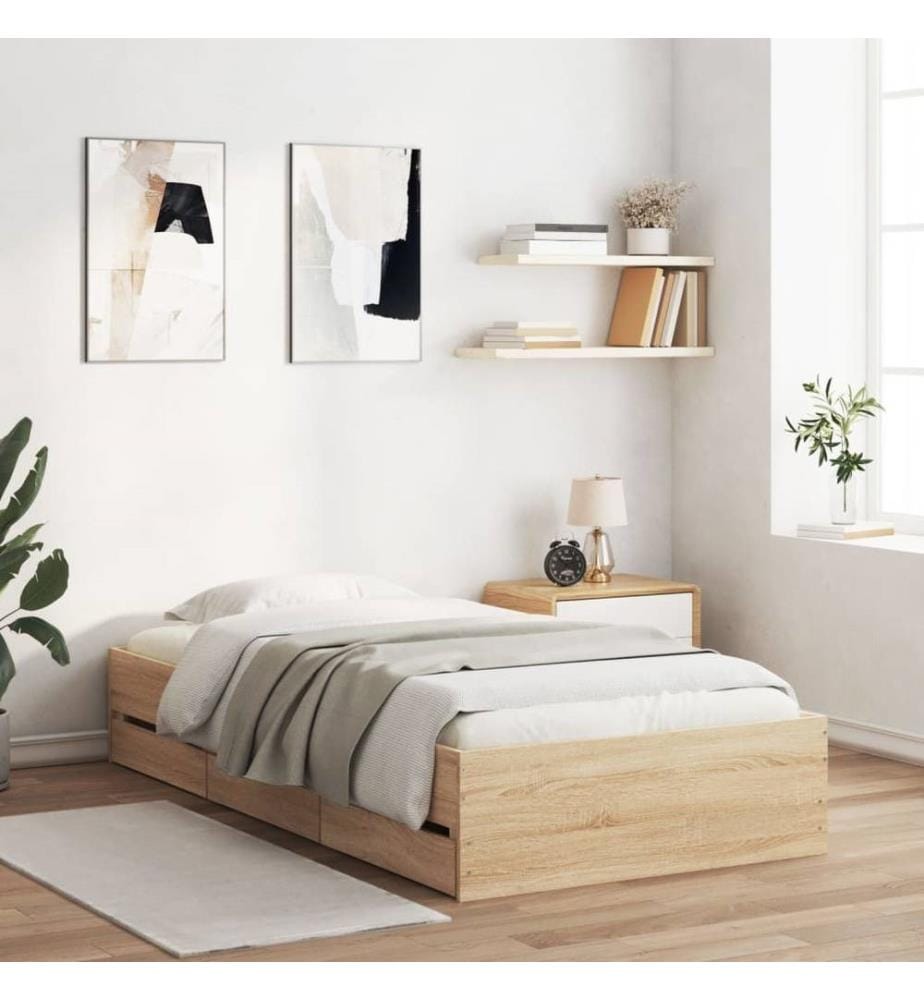 Cadre de lit et tiroirs chêne sonoma 90x190cm bois d'ingénierie
